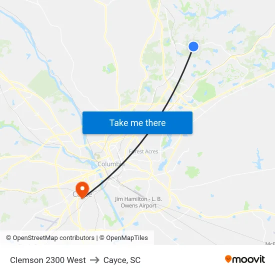Clemson 2300 West to Cayce, SC map