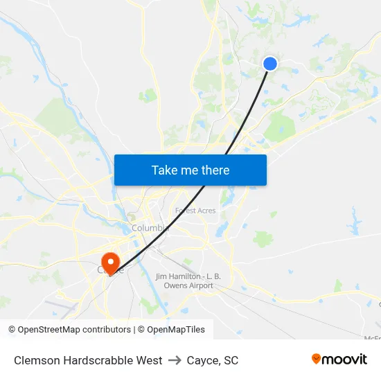 Clemson Hardscrabble West to Cayce, SC map