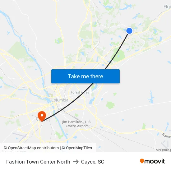 Fashion Town Center North to Cayce, SC map