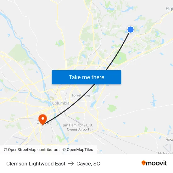 Clemson Lightwood East to Cayce, SC map