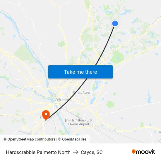 Hardscrabble Palmetto North to Cayce, SC map