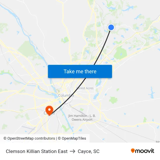 Clemson Killian Station East to Cayce, SC map