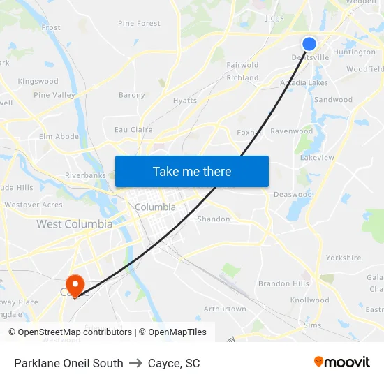 Parklane Oneil South to Cayce, SC map