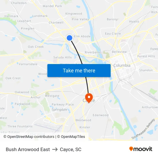 Bush Arrowood East to Cayce, SC map