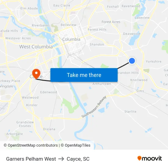 Garners Pelham West to Cayce, SC map