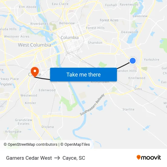 Garners Cedar West to Cayce, SC map