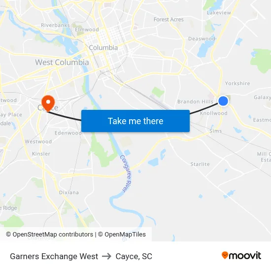 Garners Exchange West to Cayce, SC map