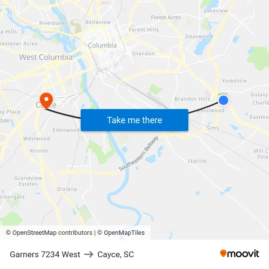 Garners 7234 West to Cayce, SC map