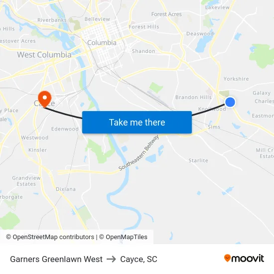 Garners Greenlawn West to Cayce, SC map