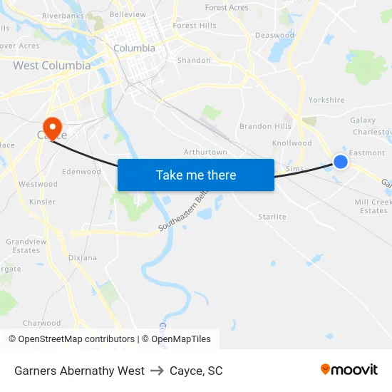 Garners Abernathy West to Cayce, SC map