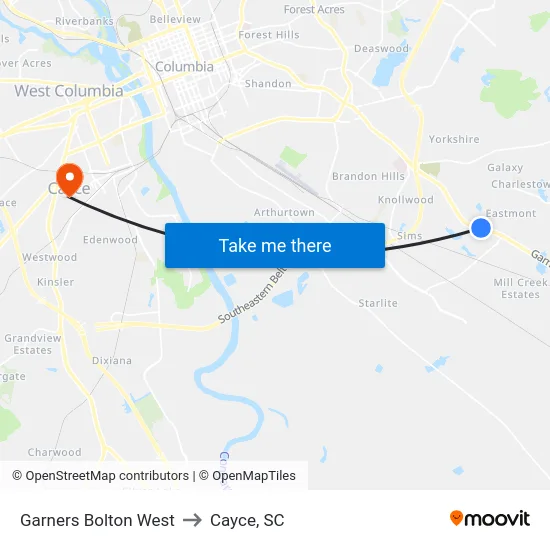 Garners Bolton West to Cayce, SC map