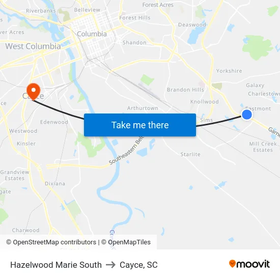 Hazelwood Marie South to Cayce, SC map