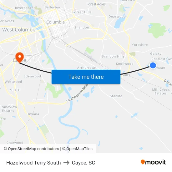 Hazelwood Terry South to Cayce, SC map