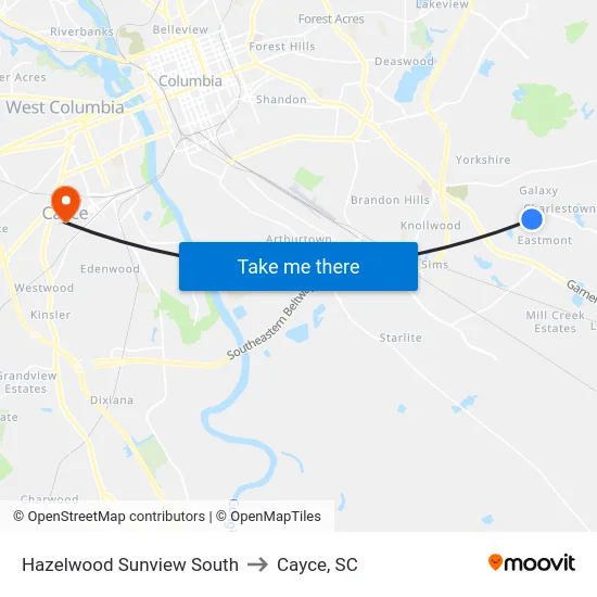 Hazelwood Sunview South to Cayce, SC map