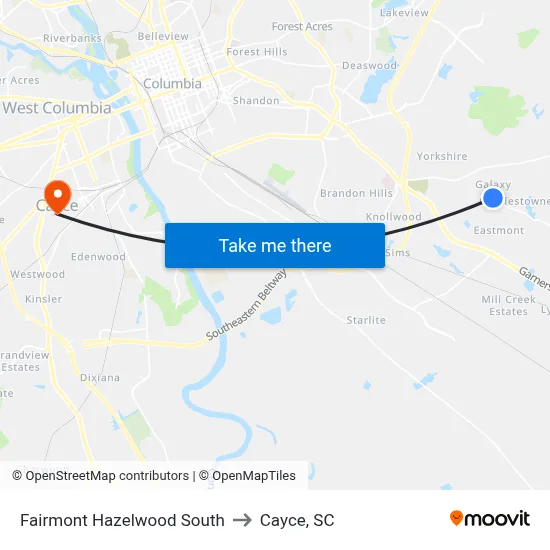 Fairmont Hazelwood South to Cayce, SC map