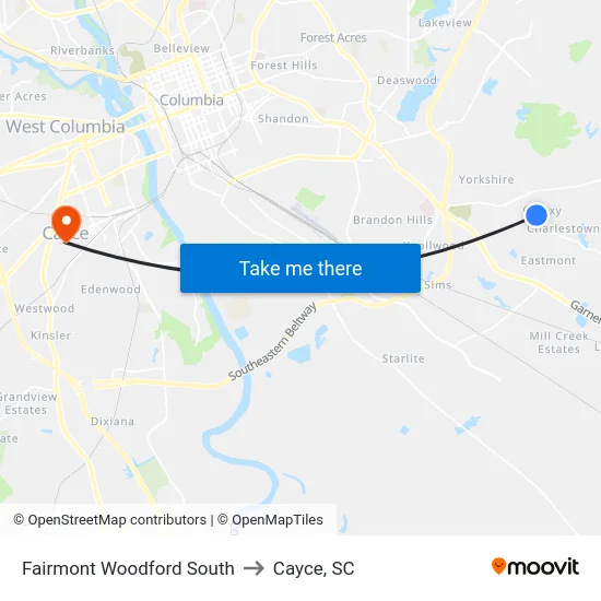 Fairmont Woodford South to Cayce, SC map