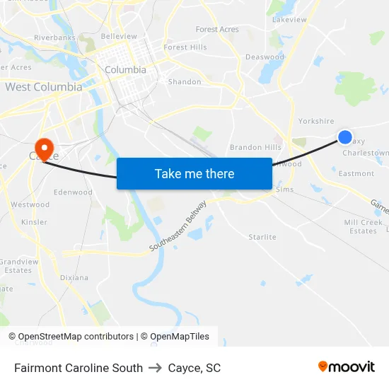 Fairmont Caroline South to Cayce, SC map
