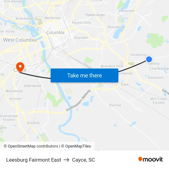 Leesburg Fairmont East to Cayce, SC map