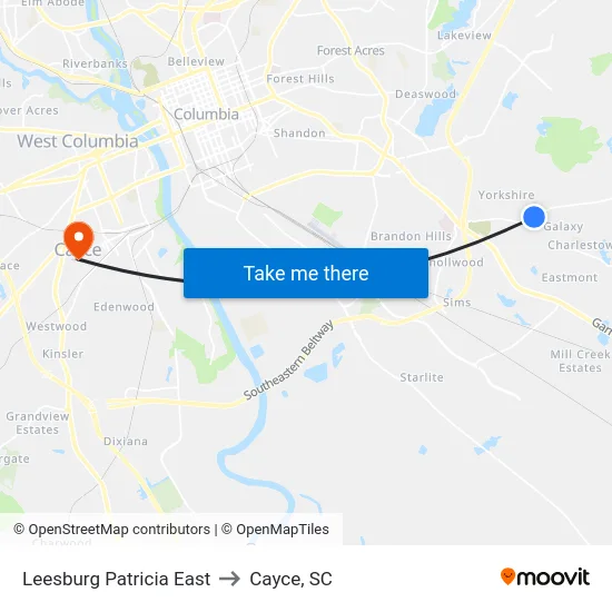 Leesburg Patricia East to Cayce, SC map