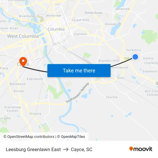 Leesburg Greenlawn East to Cayce, SC map