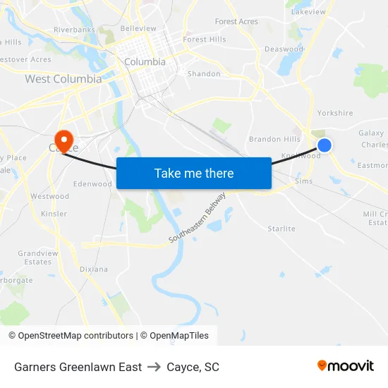 Garners Greenlawn East to Cayce, SC map