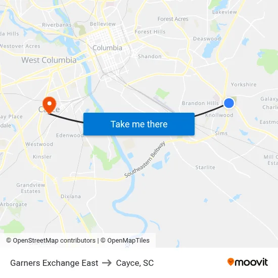 Garners Exchange East to Cayce, SC map
