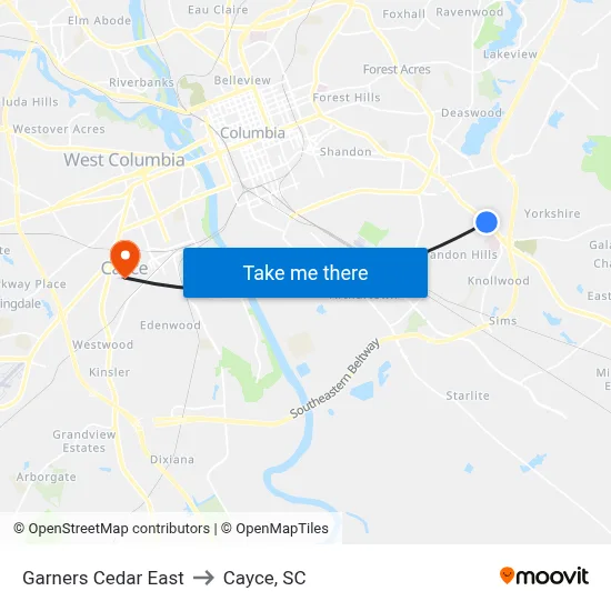 Garners Cedar East to Cayce, SC map