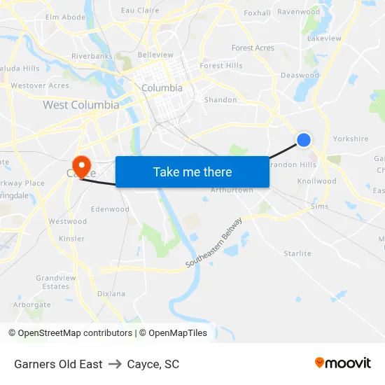 Garners Old East to Cayce, SC map
