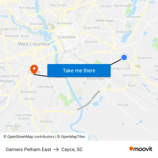Garners Pelham East to Cayce, SC map