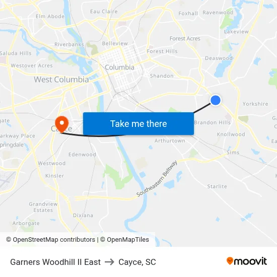 Garners Woodhill II East to Cayce, SC map