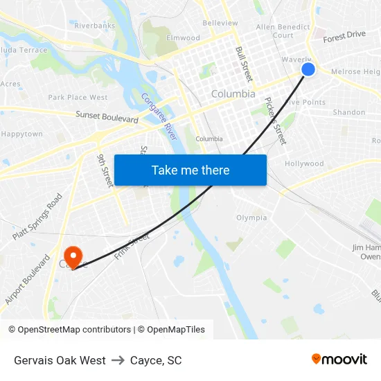 Gervais Oak West to Cayce, SC map