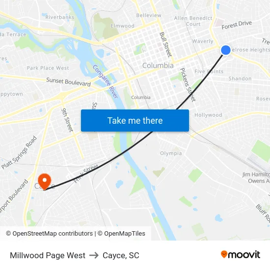 Millwood Page West to Cayce, SC map