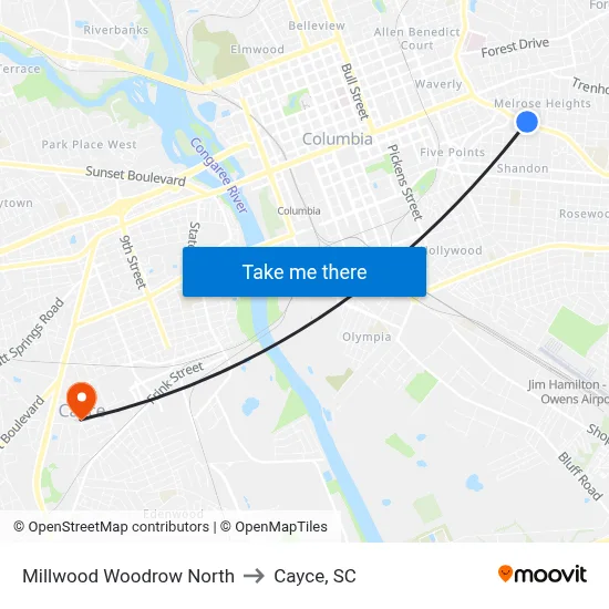 Millwood Woodrow North to Cayce, SC map