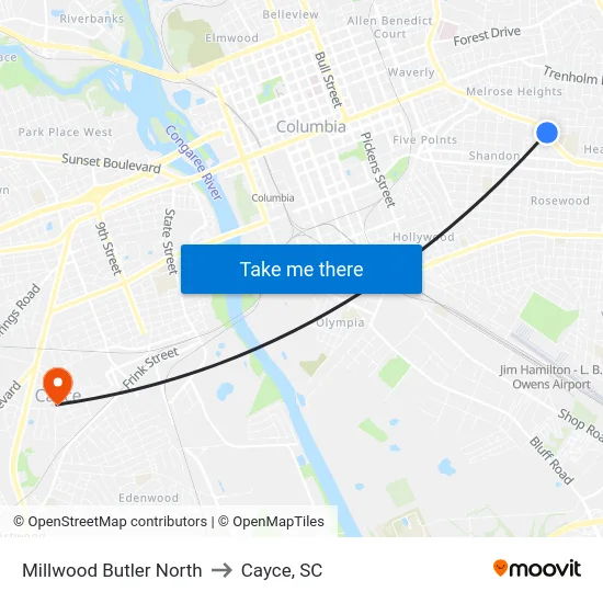 Millwood Butler North to Cayce, SC map