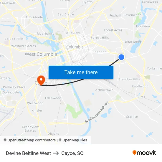 Devine Beltline West to Cayce, SC map