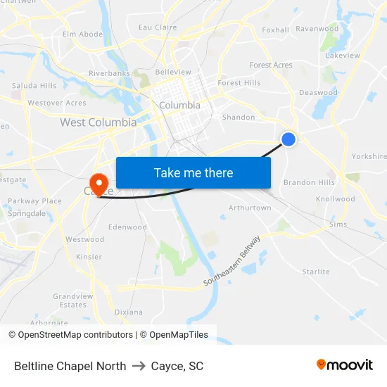 Beltline Chapel North to Cayce, SC map