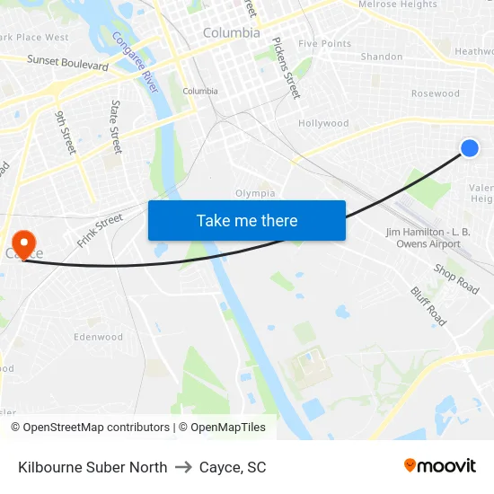 Kilbourne Suber North to Cayce, SC map