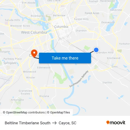 Beltline Timberlane South to Cayce, SC map