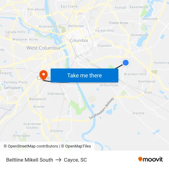 Beltline Mikell South to Cayce, SC map