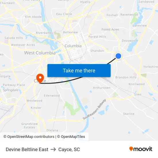 Devine Beltline East to Cayce, SC map