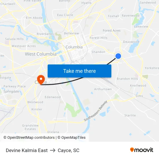 Devine Kalmia East to Cayce, SC map