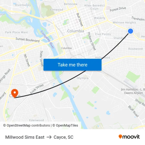 Millwood Sims East to Cayce, SC map