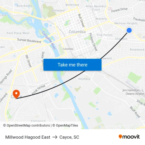 Millwood Hagood East to Cayce, SC map