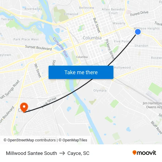 Millwood Santee South to Cayce, SC map