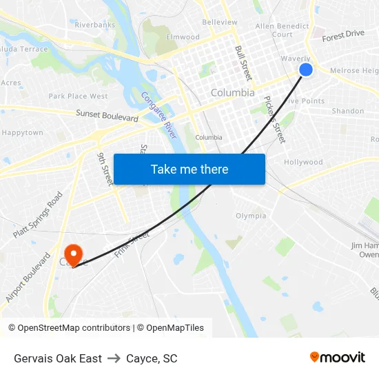 Gervais Oak East to Cayce, SC map
