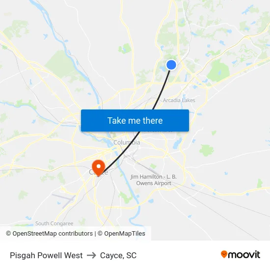 Pisgah Powell West to Cayce, SC map