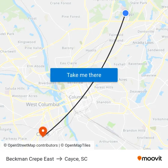 Beckman Crepe East to Cayce, SC map
