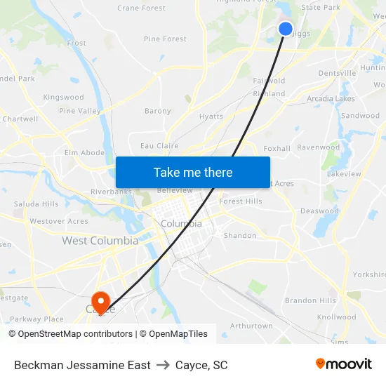 Beckman Jessamine East to Cayce, SC map