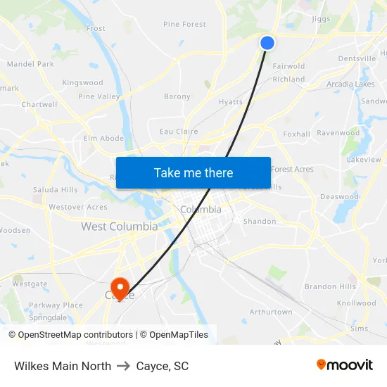 Wilkes Main North to Cayce, SC map
