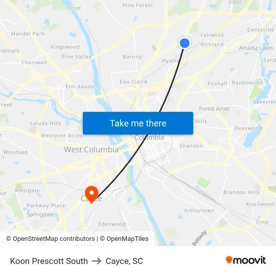 Koon Prescott South to Cayce, SC map